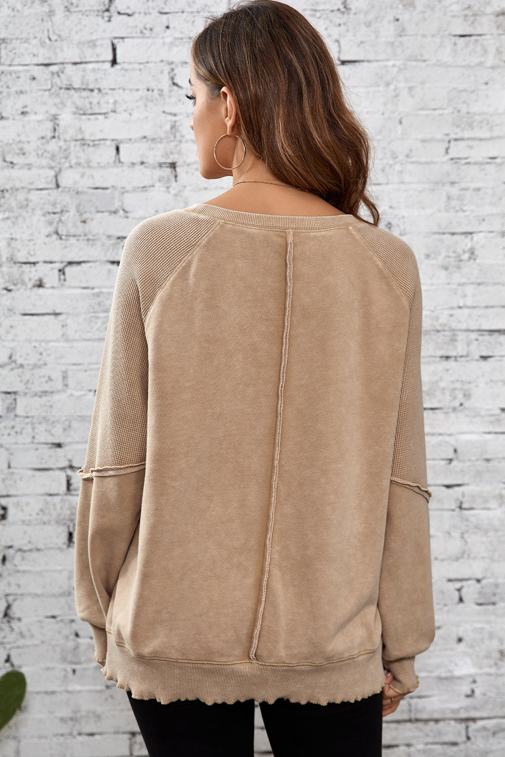 Black Solid Waffle Knit Patchwork Raglan Sleeve Sweatshirt Dear-Lover Dropshipping