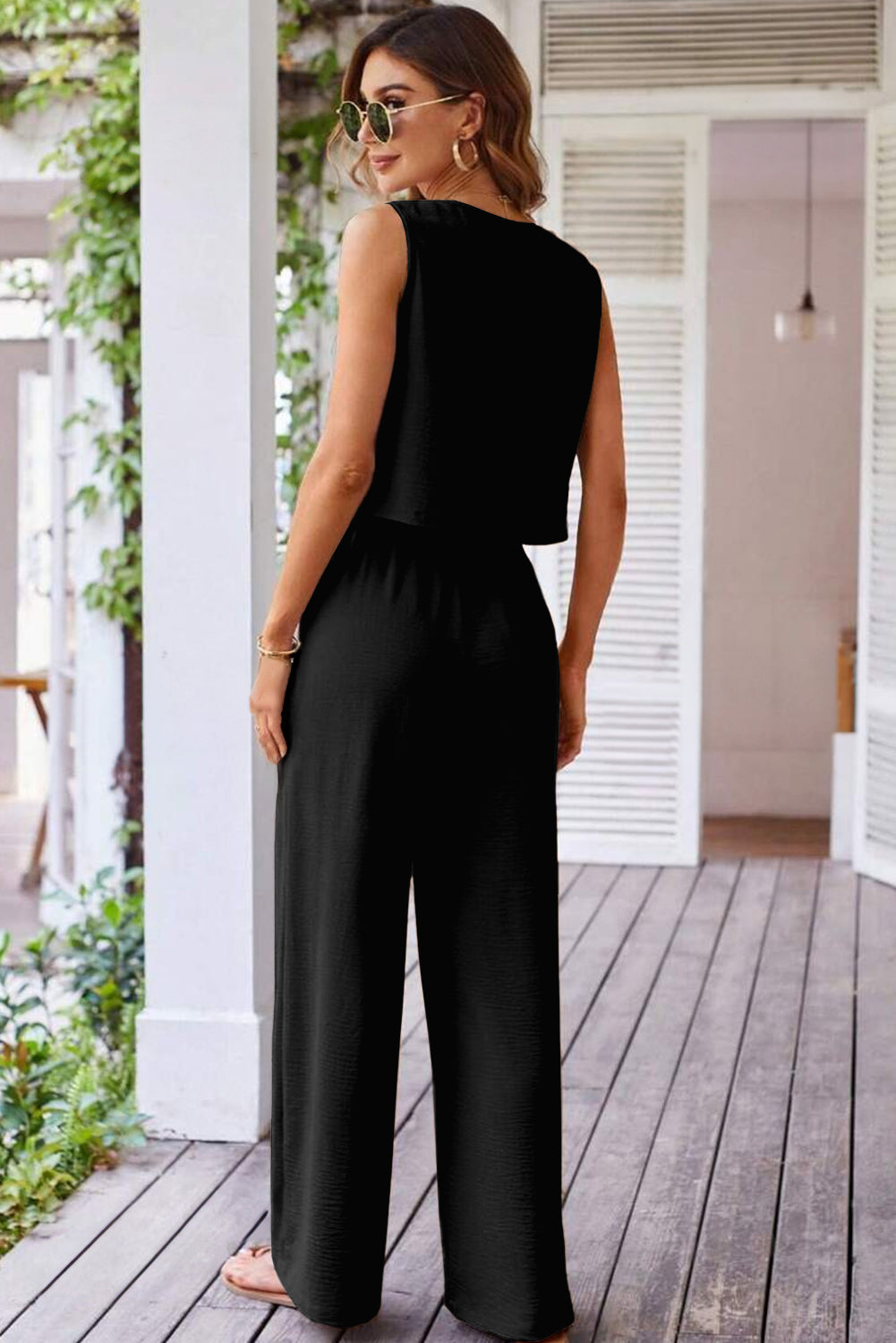 Black Buttoned Vest Drawstring Wide Leg Trousers Co-ord Set eAura