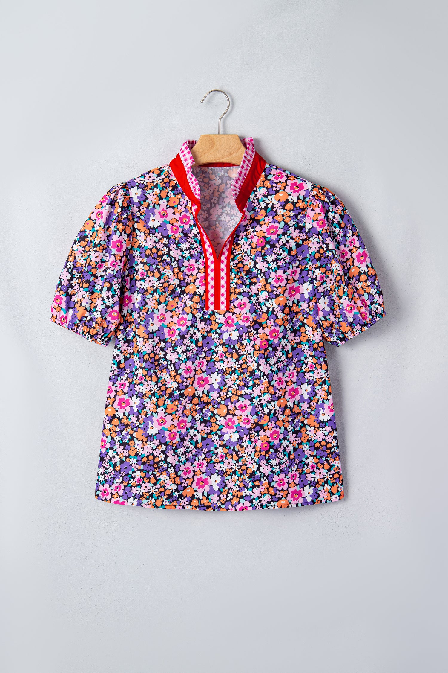 Ditsy Floral Print Plaid Colorblock Trim V Neck Blouse – Purple