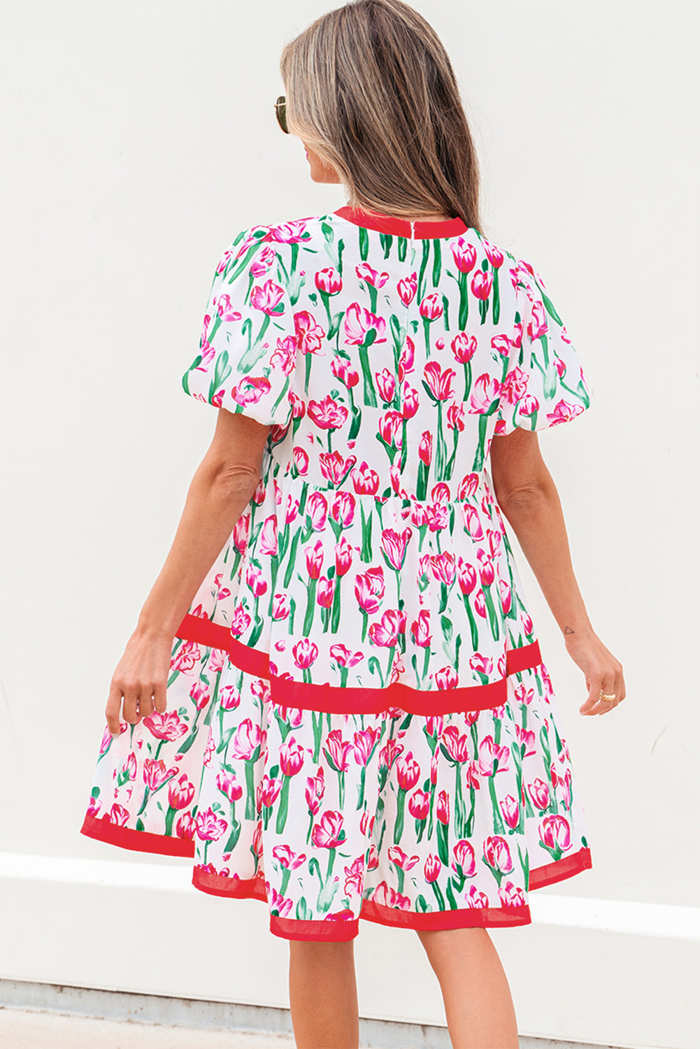 Pink Floral Print Contrast Trim V Neck Bubble Short Sleeve Babydoll Dress eAura