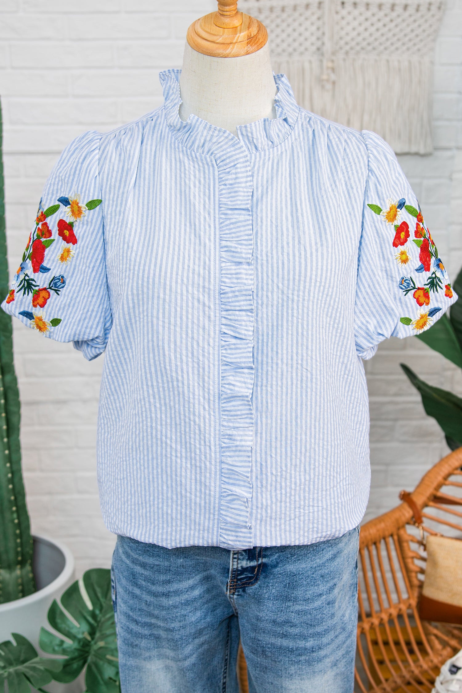 Striped Shirt Floral Detailed Short Sleeve