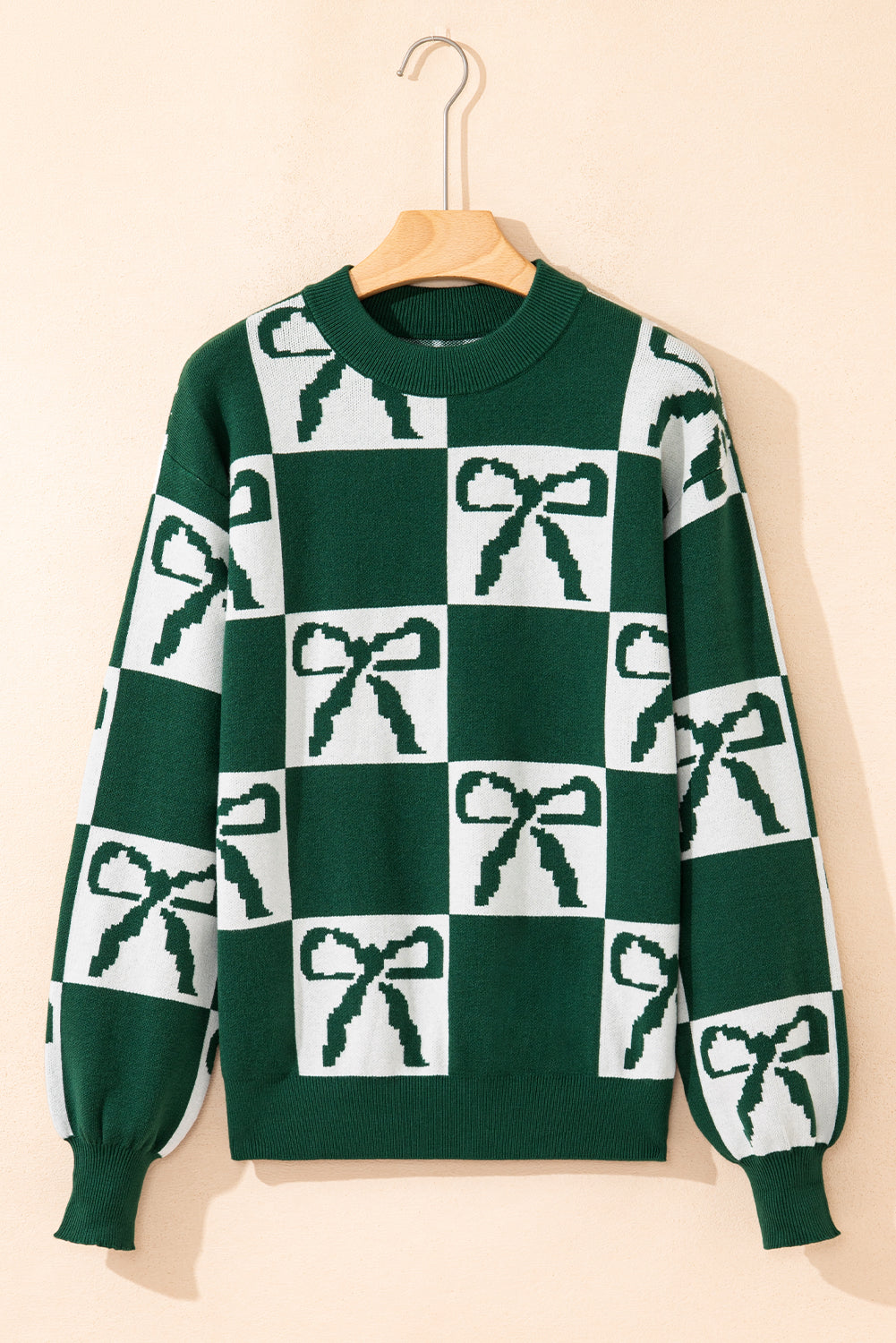 Green Checkered Bow Print Casual Sweater - eAura