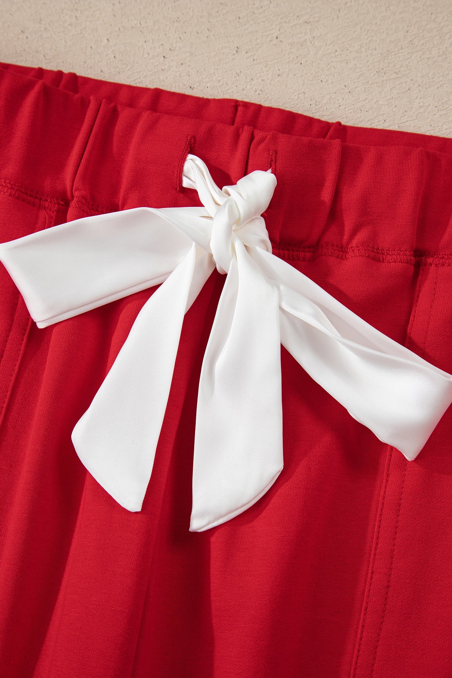 Fiery Red Contrast Trim Button V Neck Ribbon Bow Knot Waist 2pcs Lounge Pant Set - eAura