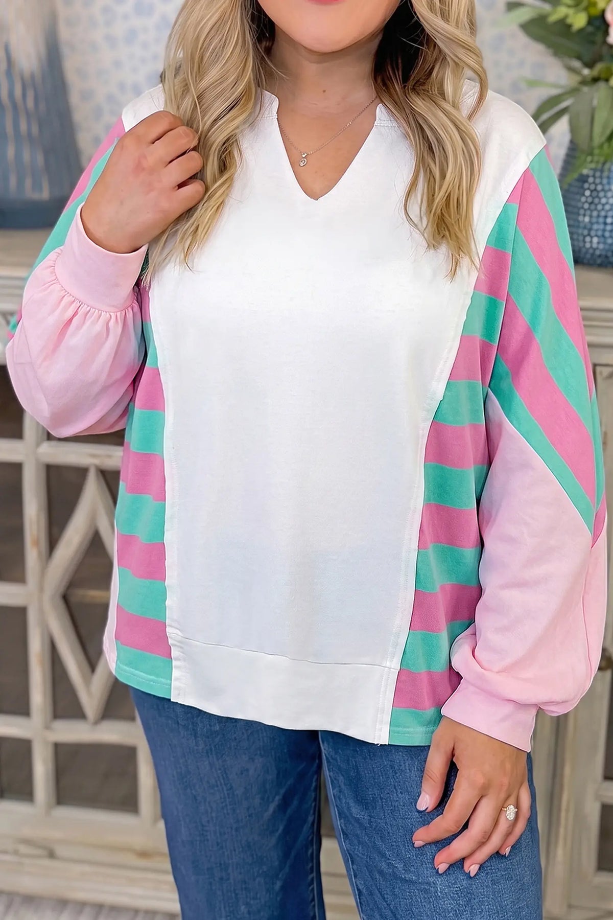 Striped Colourblock V Neck Shift Long Sleeve Plus Size Blouse – White
