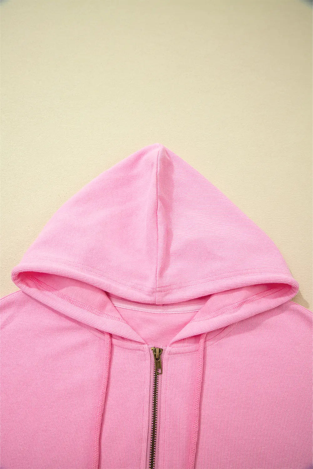 Solid Colour Ribbed Zip Up Drawstring Hooded Jacket – Sachet Pink