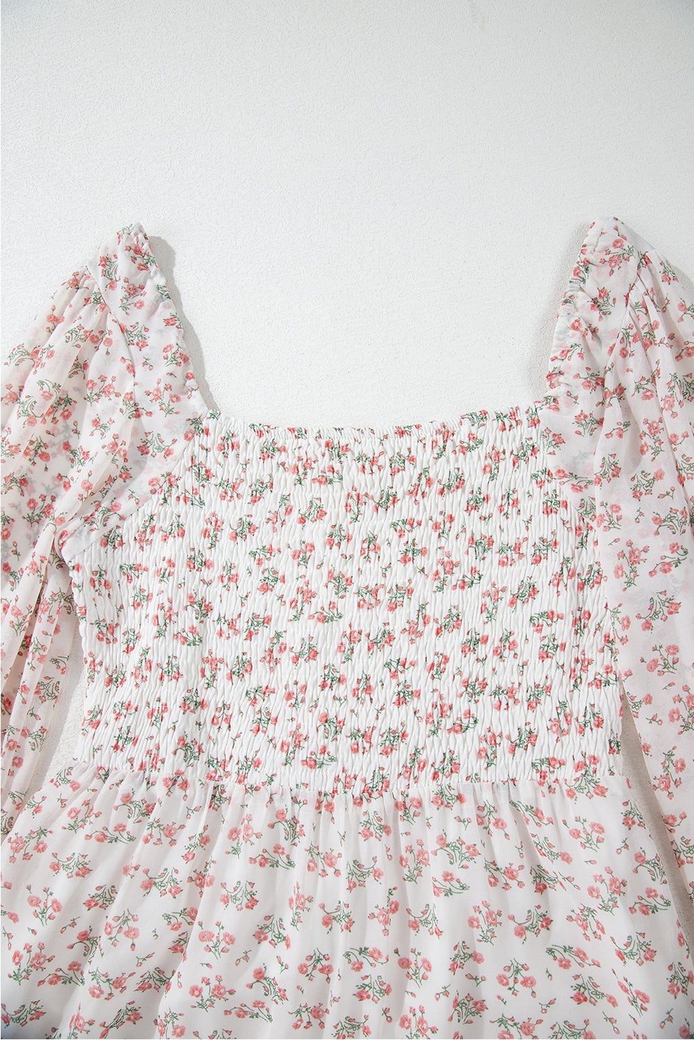 White Floral Print Shirred Ruffled Hem Square Neck Midi Dress eAura