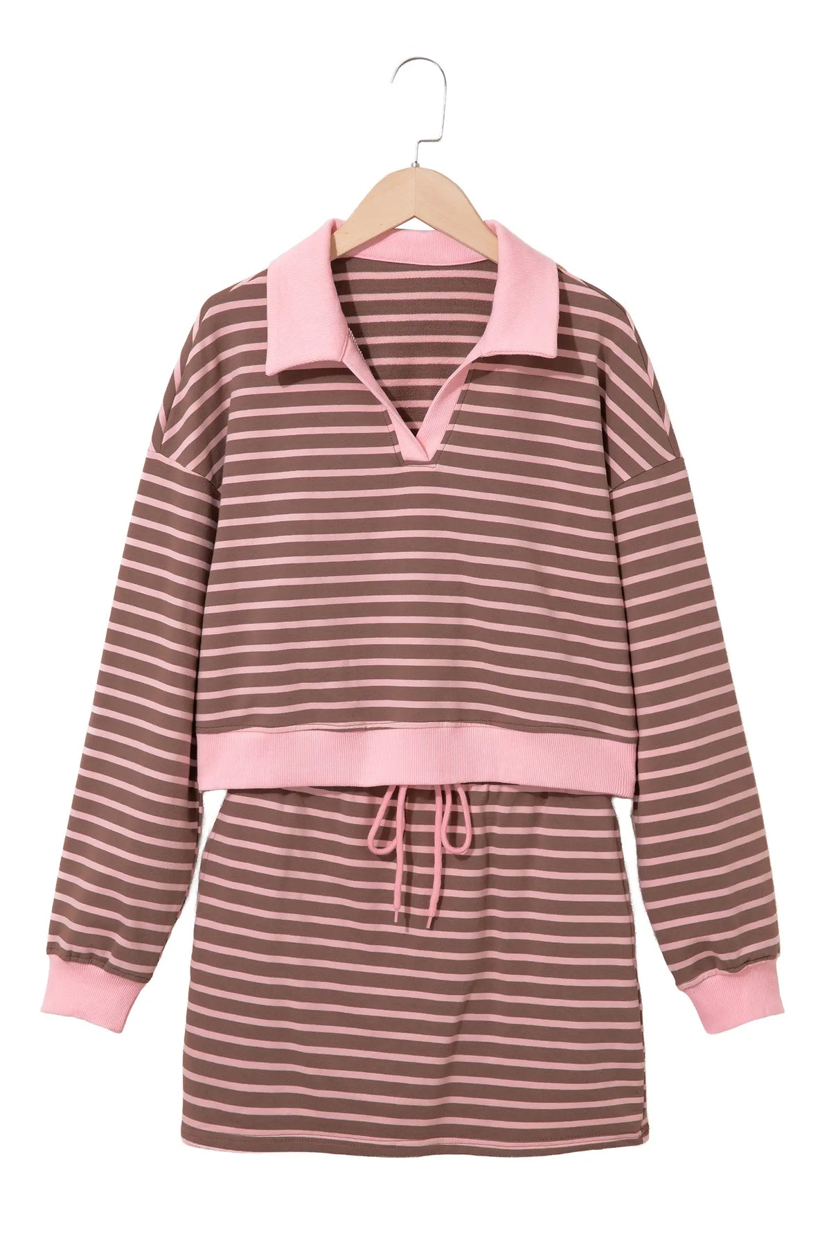 Striped Drawstring Waist Long Sleeve Top Mini Skort Set – Brown Stripe