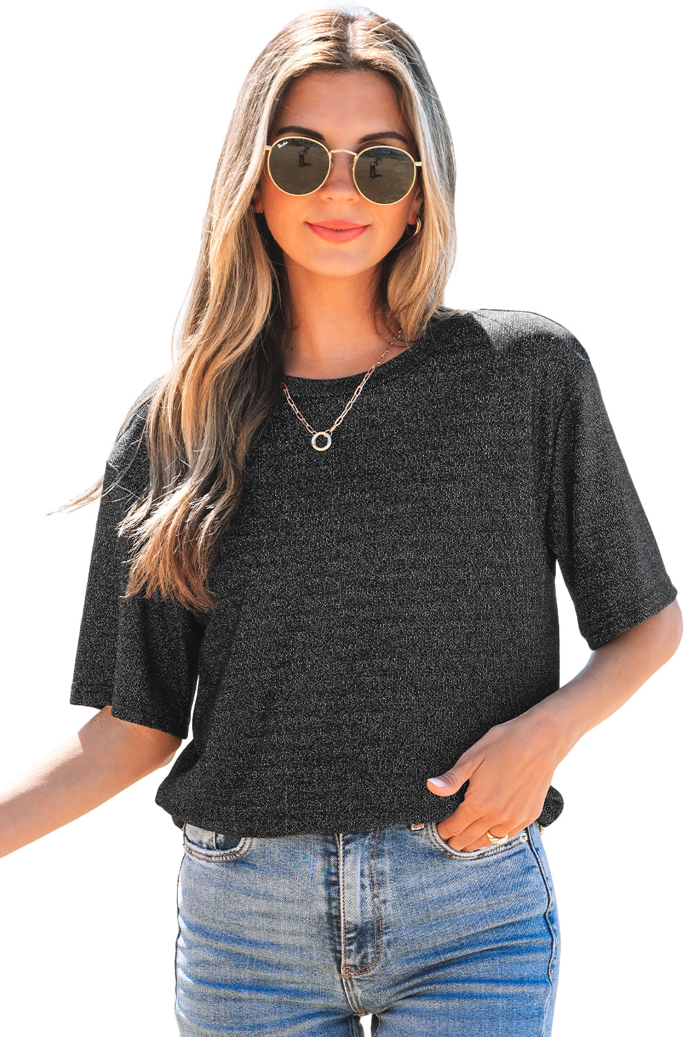 Black Bow Decor Glittery Short Sleeve Top eAura