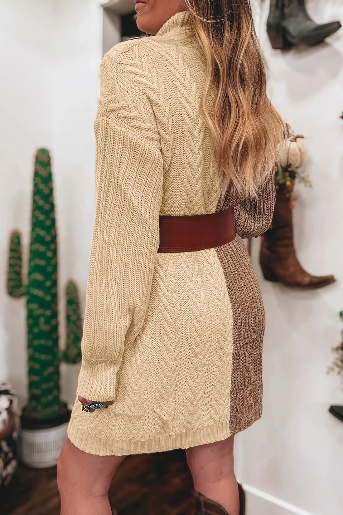 Cable Contrast Colour Block Turtleneck Sweater Mini Dress