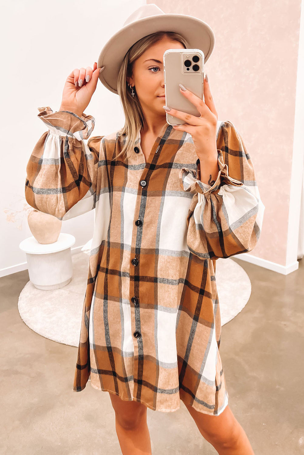 Khaki Plaid Pattern Collared Neck Ruffled Sleeve Shirt Dress eAura