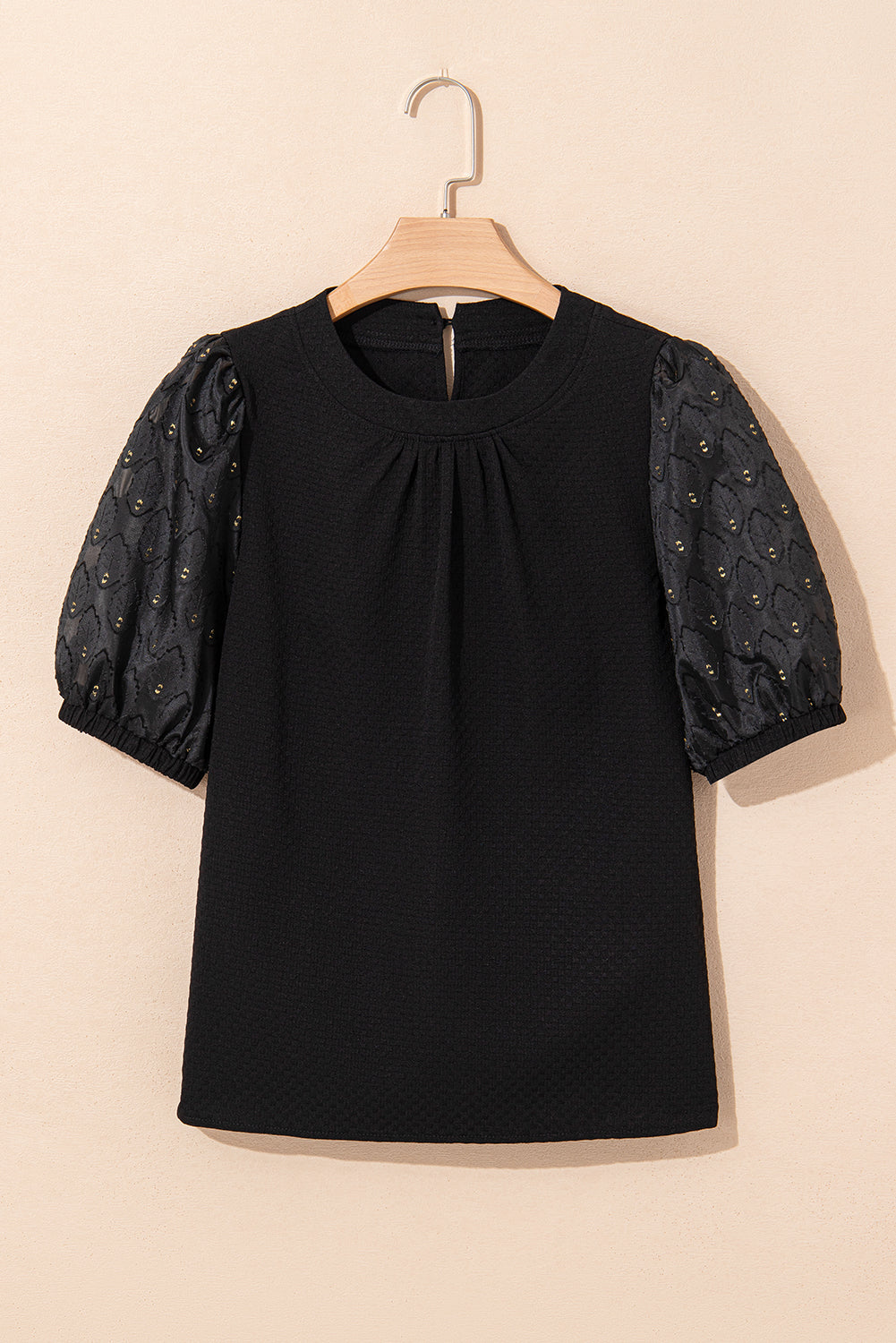 Black Feather Bubble Sleeve Patchwork Textured Blouse eAura