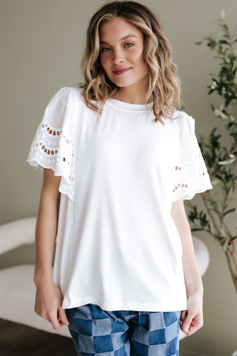 White Hollow Out Embroidered Short Sleeve O Neck Top eAura