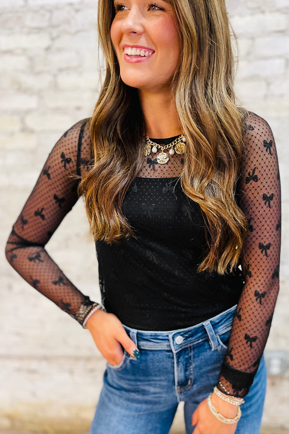 Black Bow Pattern Accent Mesh Long Sleeve Top eAura
