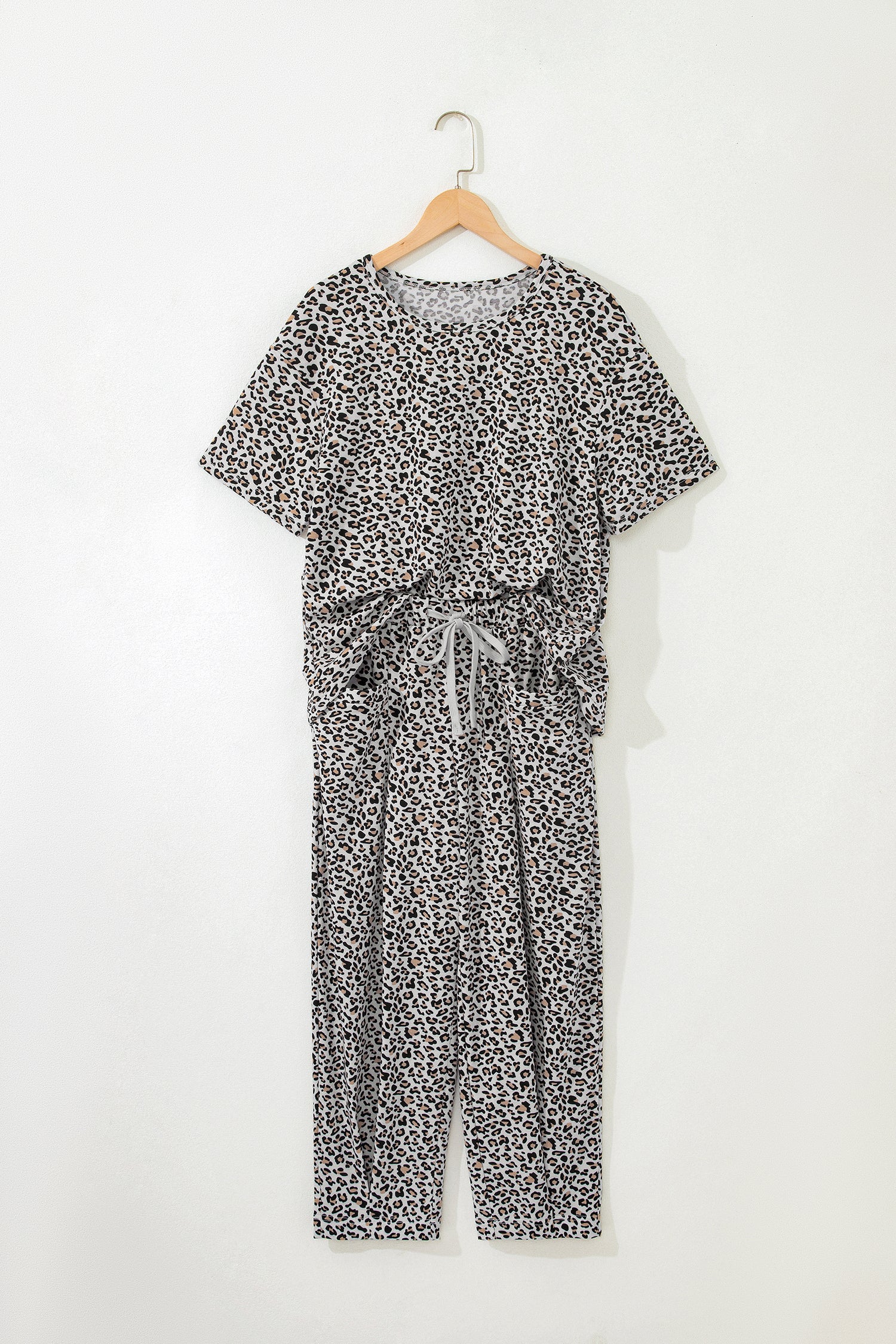 Leopard Print High-Low Tee & Wide Leg Pants Set – Brown