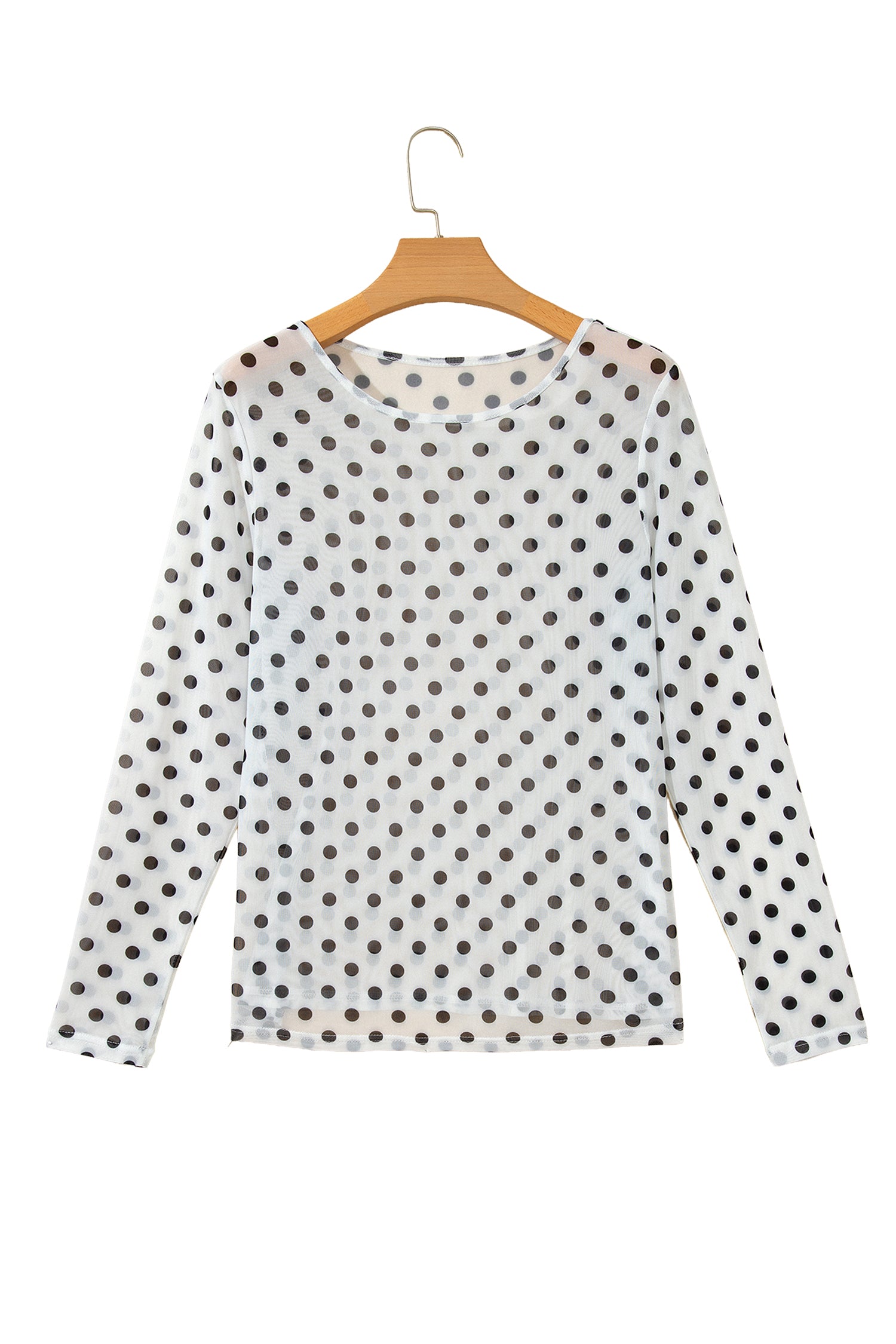 Polka Dot Sheer Mesh Long Sleeve Round Neck Shift Top – Black