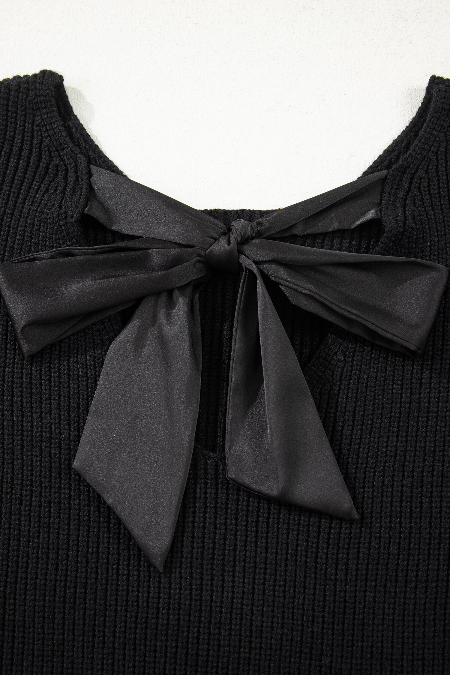 Rib Knit Ribbon Knot Backless Drop Shoulder Sweater