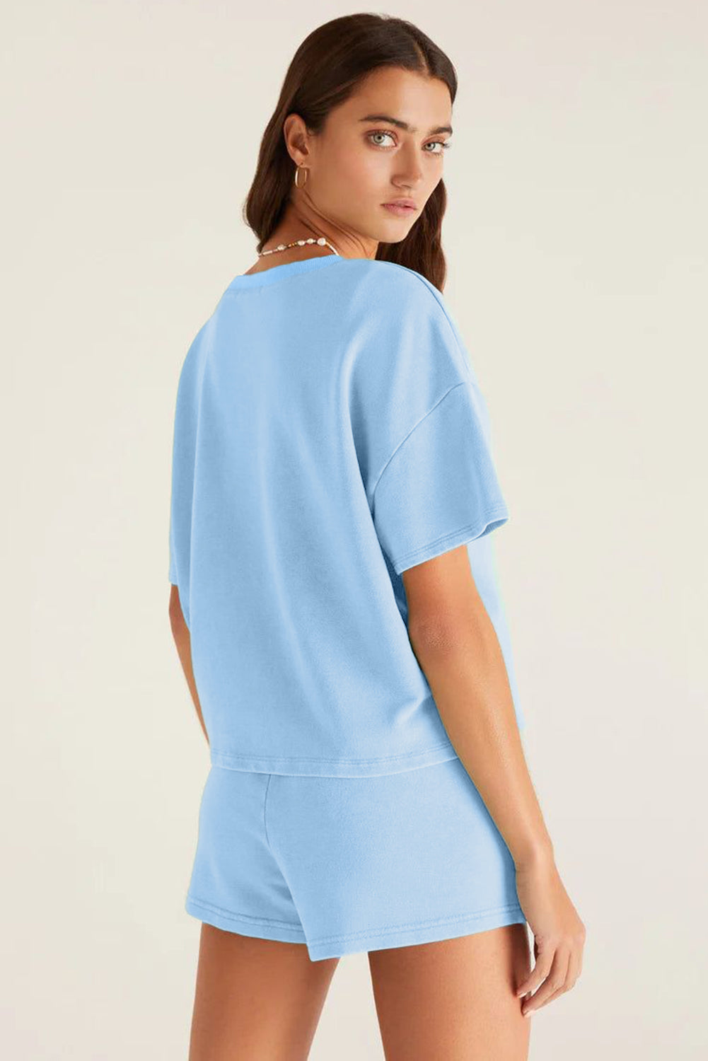 Myosotis V Neck Drop Shoulder Tee and Patchwork Drawstring Shorts Set BB Fashion Outlet