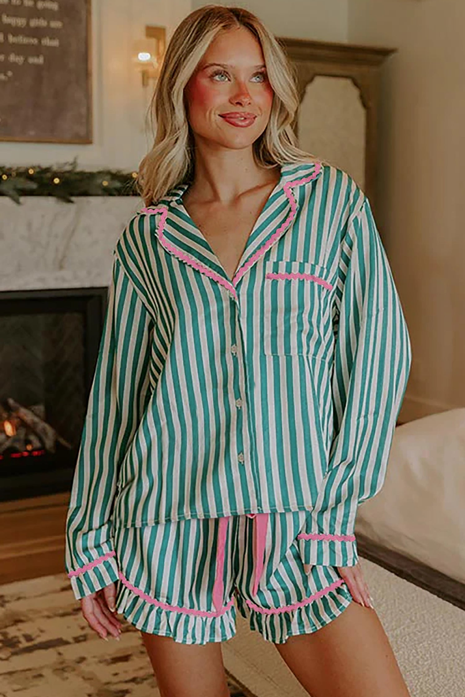 Contrast Ricrac Trim Long Sleeve Shirt Drawstring Ruffled Pajama Short Set – Green Stripe