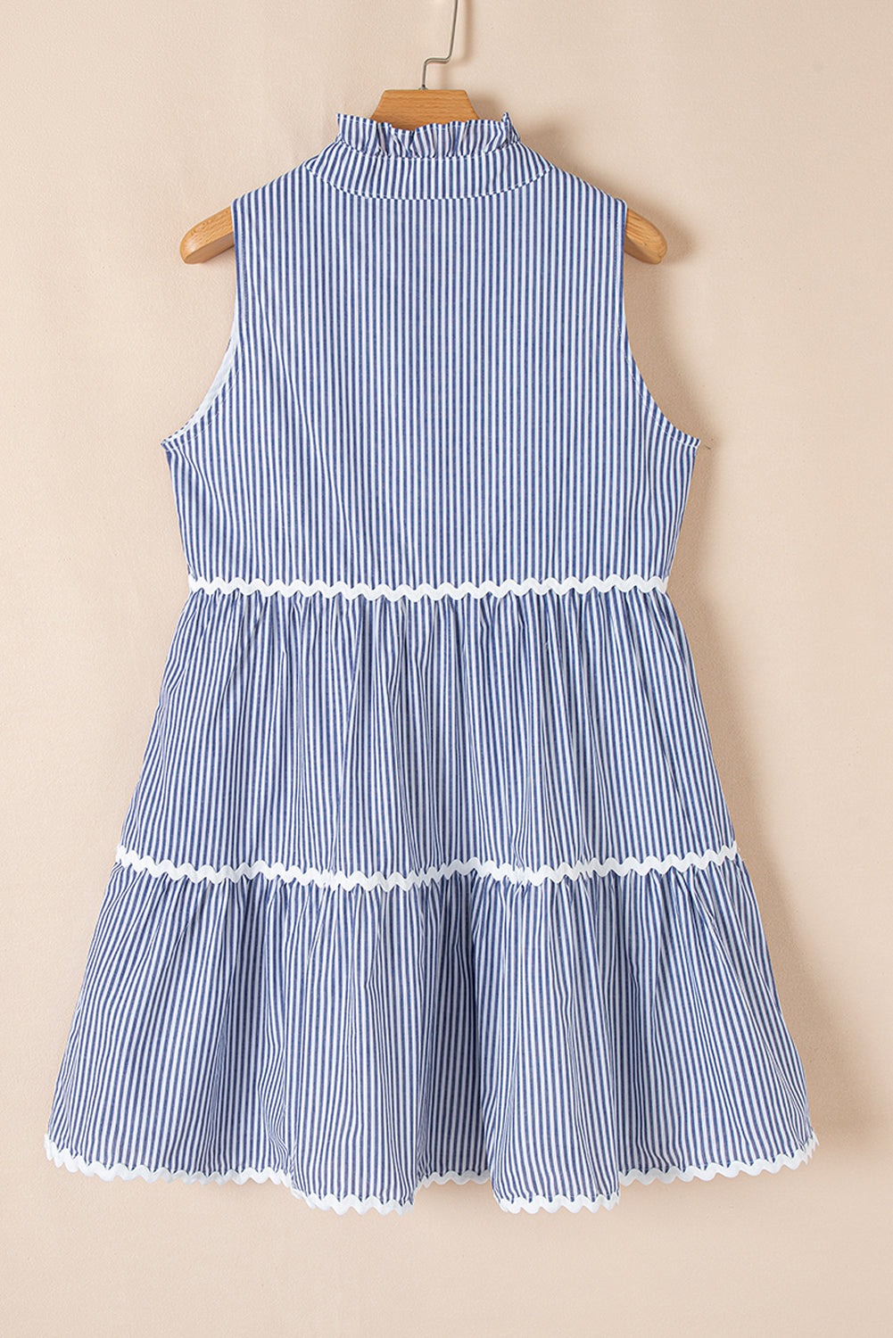 Blue Stripe Sleeveless Notched V Neck Contrast Ric Rac Mini Dress eAura