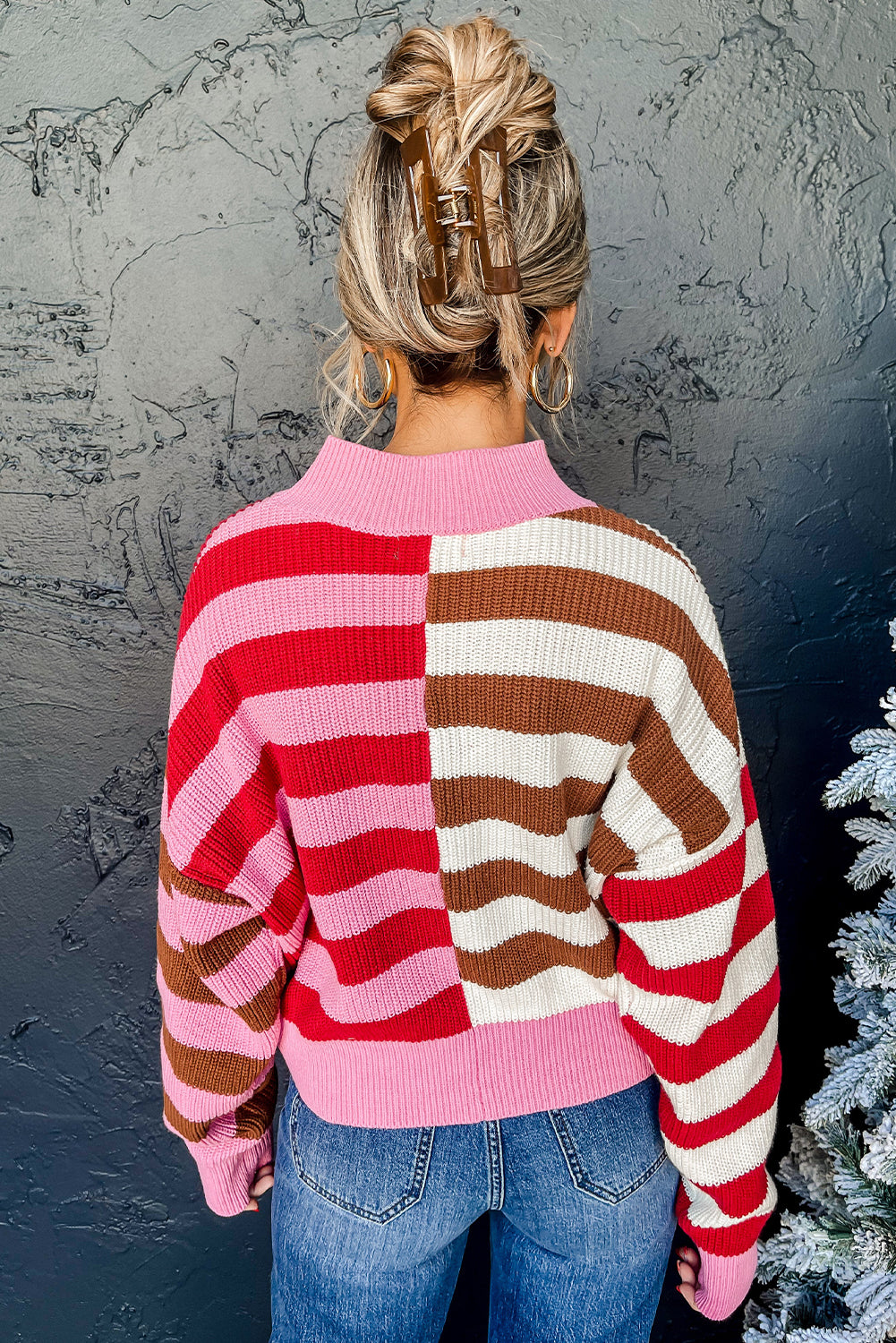 Pink Stripe Colour Block High Neck Drop Shoulder Loose Sweater eAura