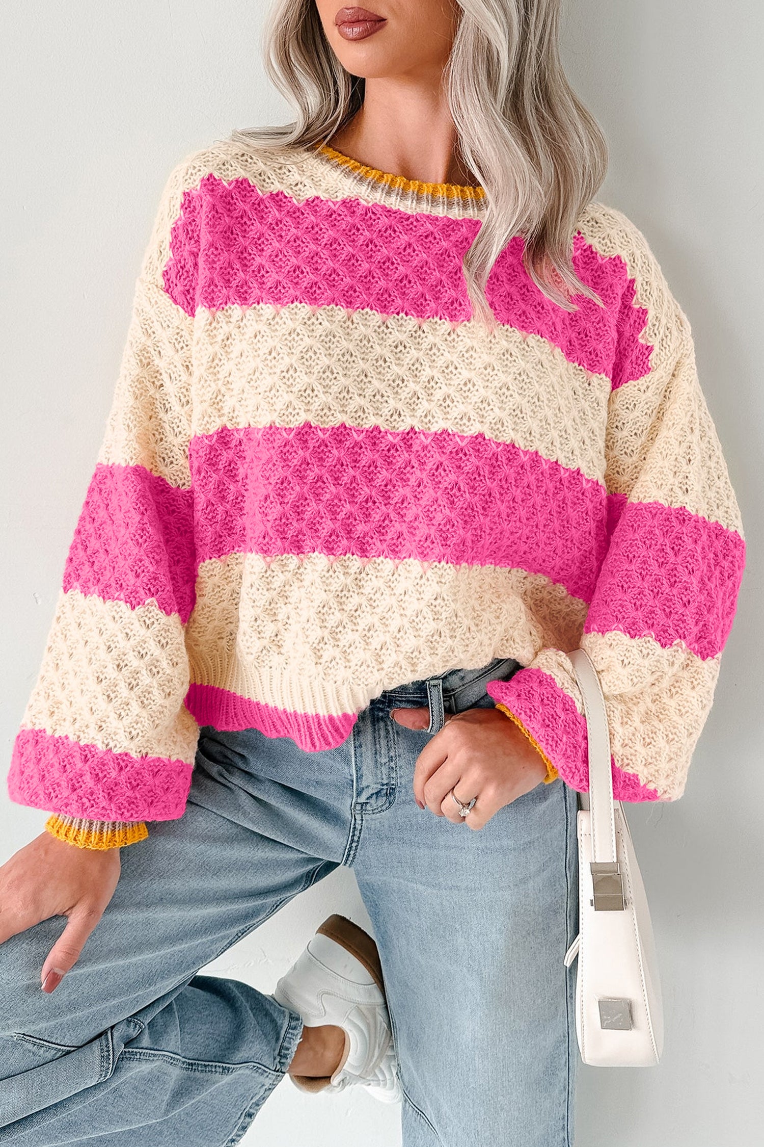 Striped Colorblock Texture Drop Shoulder Sweater – Pink Stripe