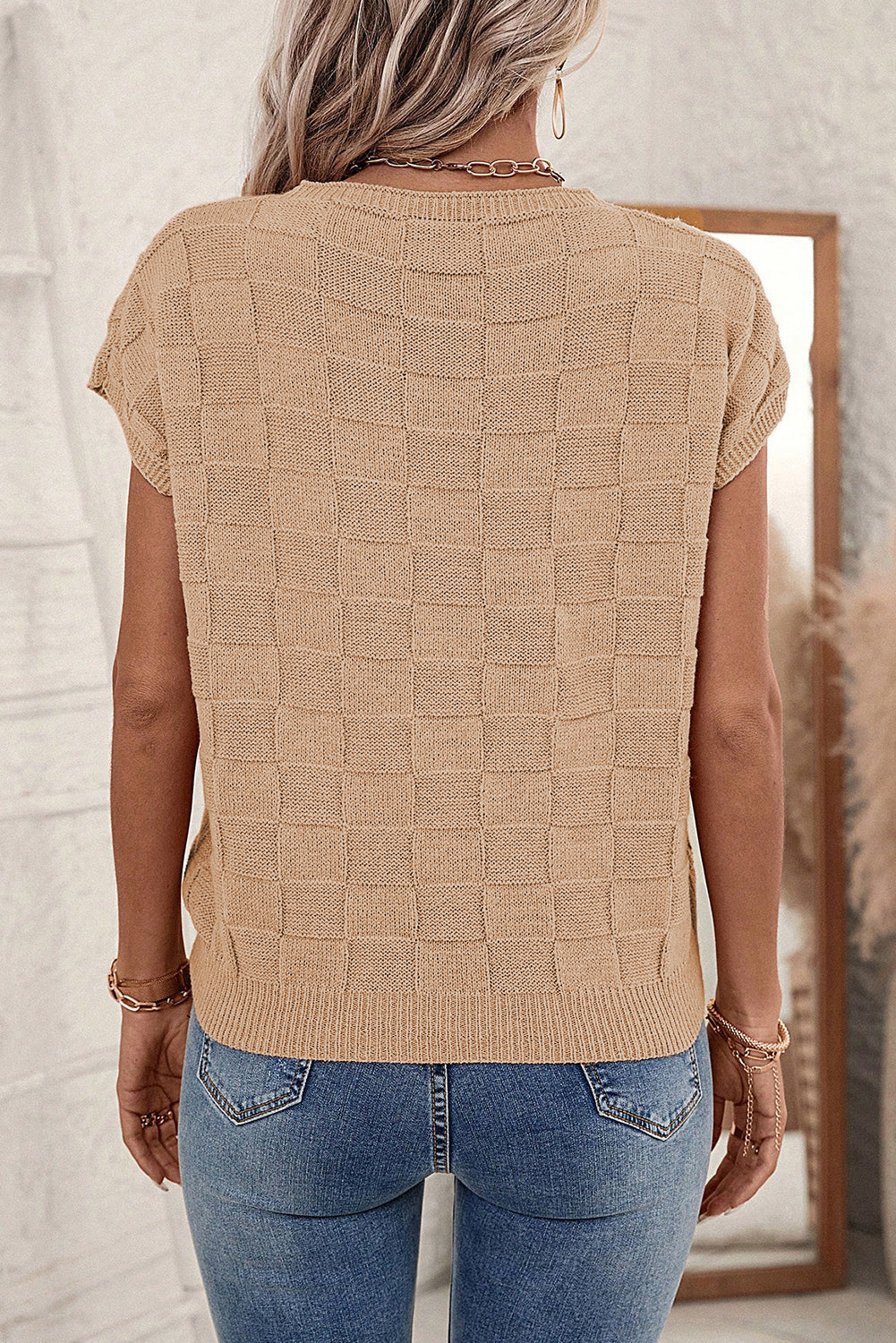 Smoke Grey Lattice Textured Knit Short Sleeve Sweater eAura