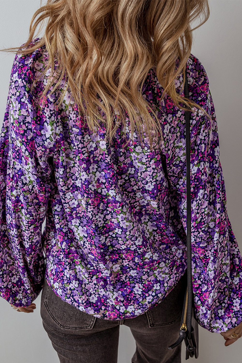 Purple Boho Flower Split V Neck Bubble Sleeve Blouse eAura