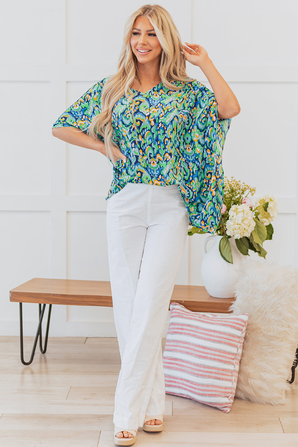 Green Abstract Print V Neck Half Sleeve Loose Fit Tunic Blouse eAura