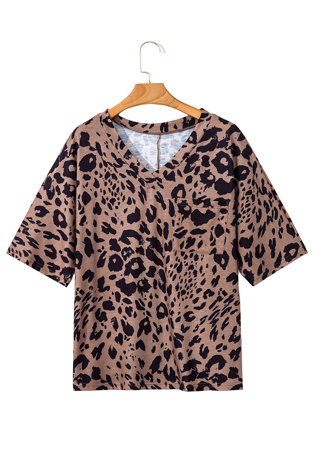 Brown Leopard Print V Neck Half Sleeve Oversized Tee eAura
