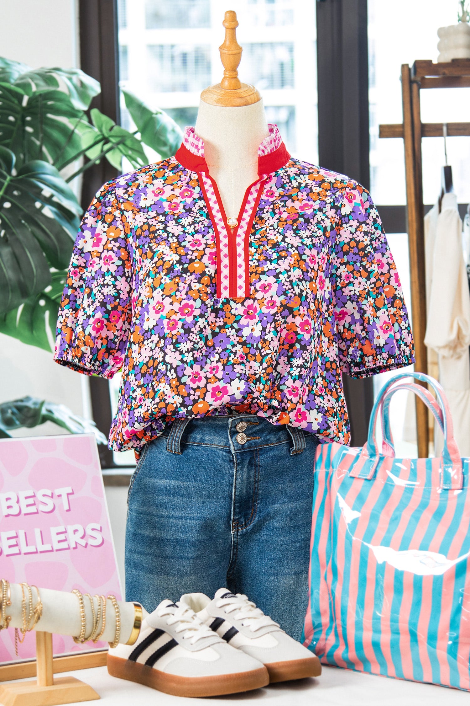 Ditsy Floral Print Plaid Colorblock Trim V Neck Blouse – Purple