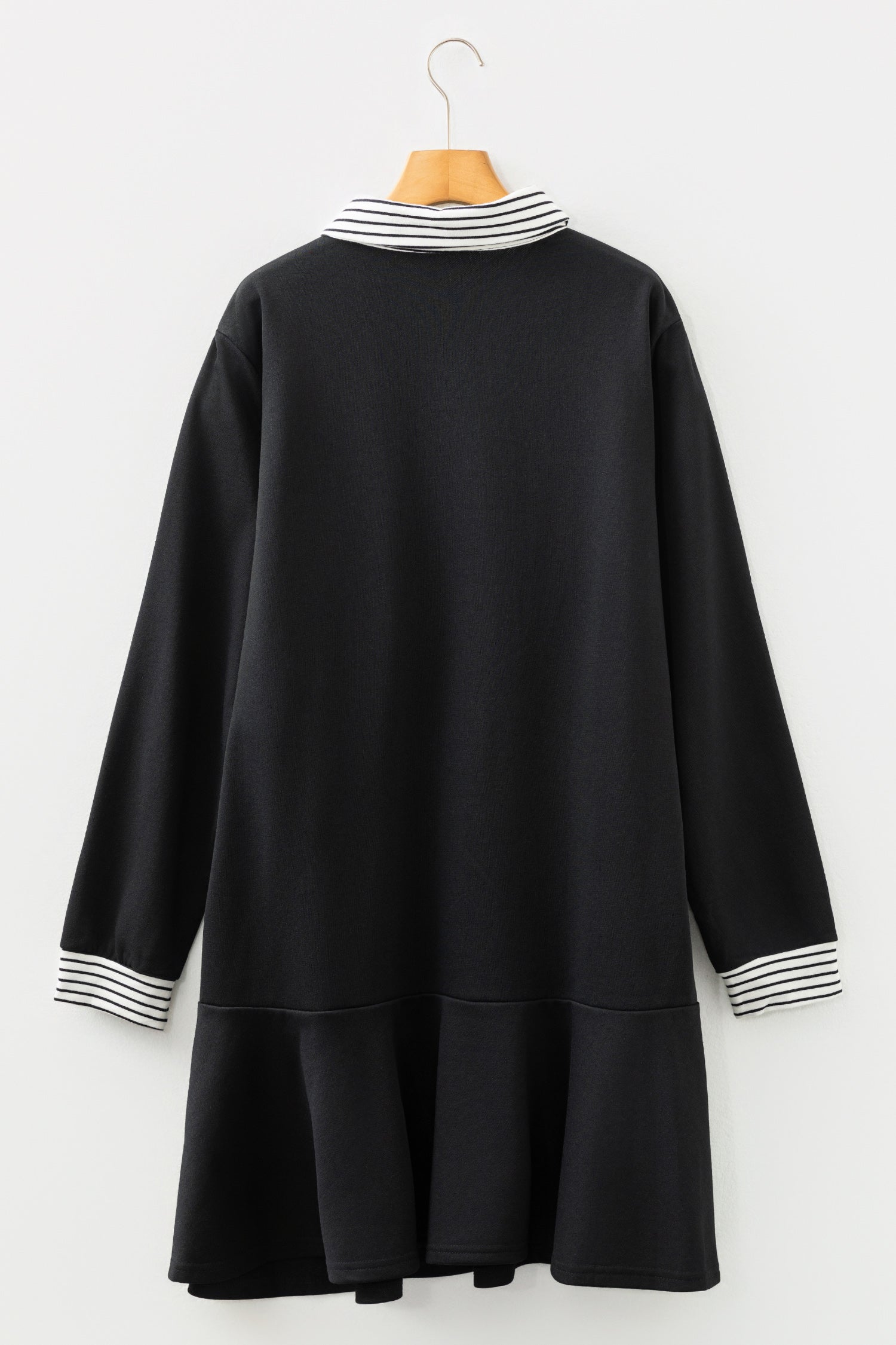 Plus Size Striped Cuffs Polo Collar Patchwork Long Sleeve Ruffle Hem Dress - eAura