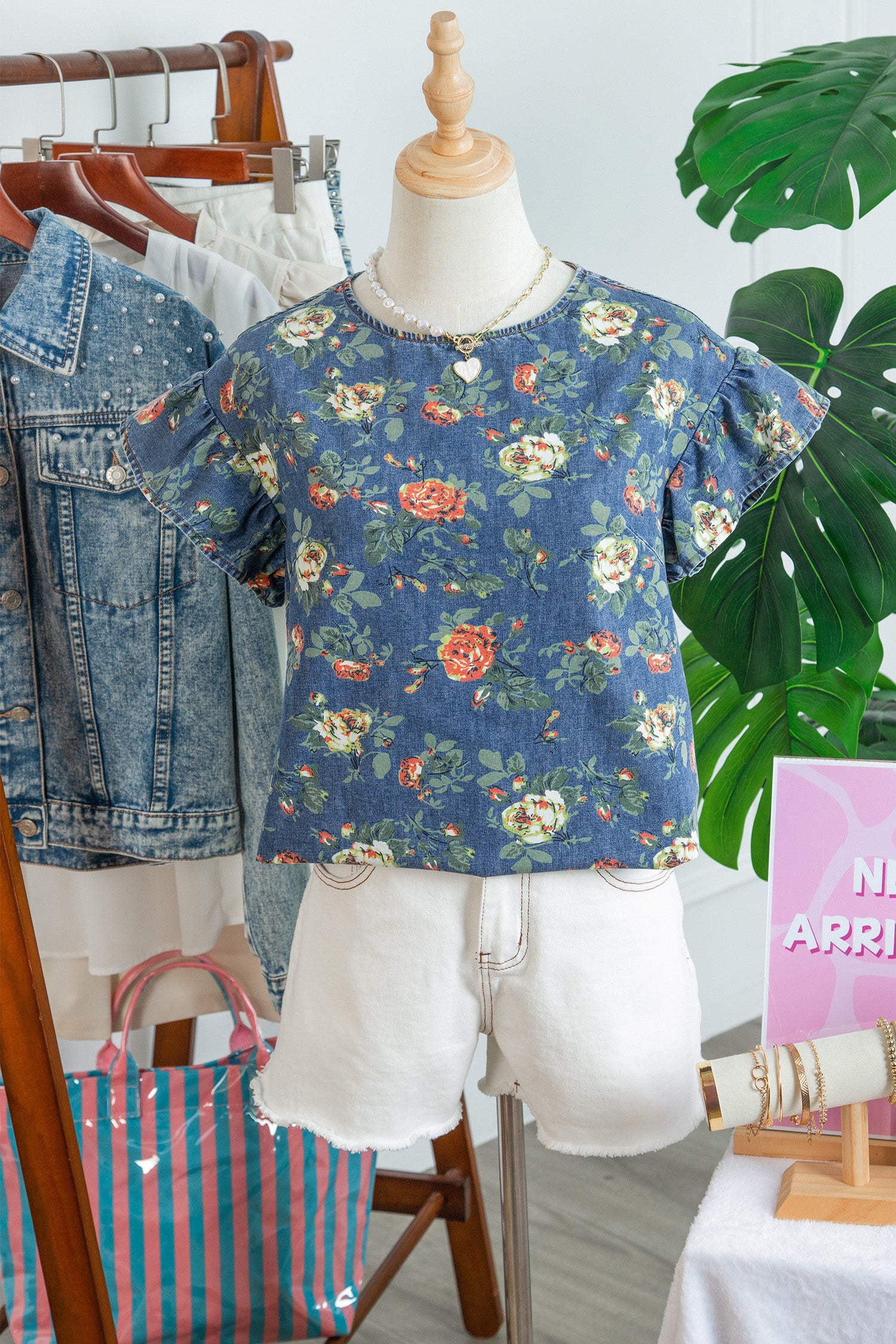 Ruffled Short Sleeve Floral Denim Top