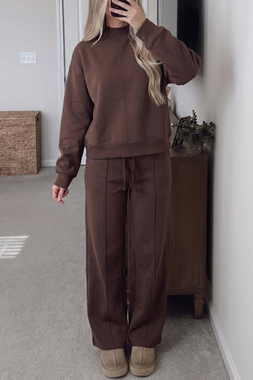 Coffee Solid Color Piping Trim Mock Neck Pullover Drawstring Pants Set – Brown