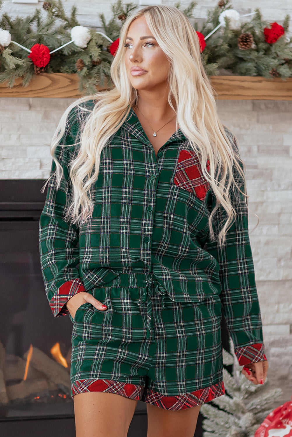 Plaid Contrast Christmas Holiday Long Sleeve Shirt and Shorts Pyjamas - eAura