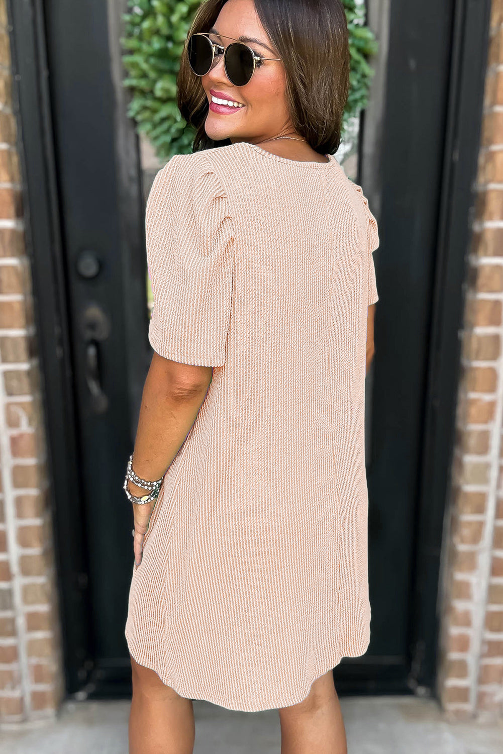 Ribbed Knit Crew Neck Puff Sleeve Shift Mini Dress eAura