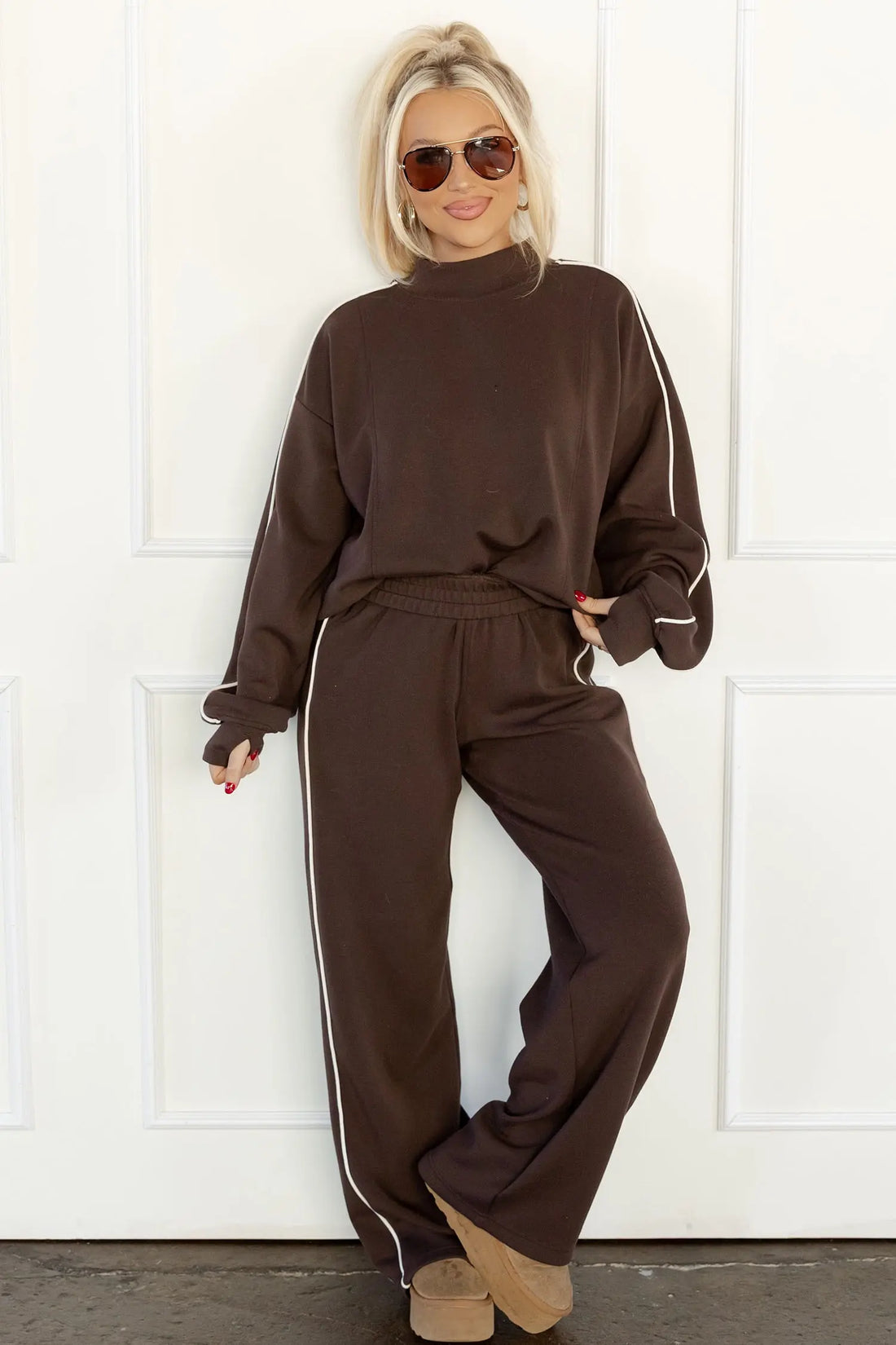 Sporty Piping Trim Mock Neck Pullover Relaxed 2pcs Pant Set