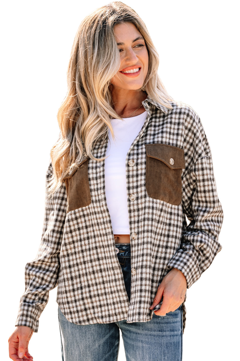 Casual Contrast Soft Corduroy Patchwork Plaid Shacket - eAura