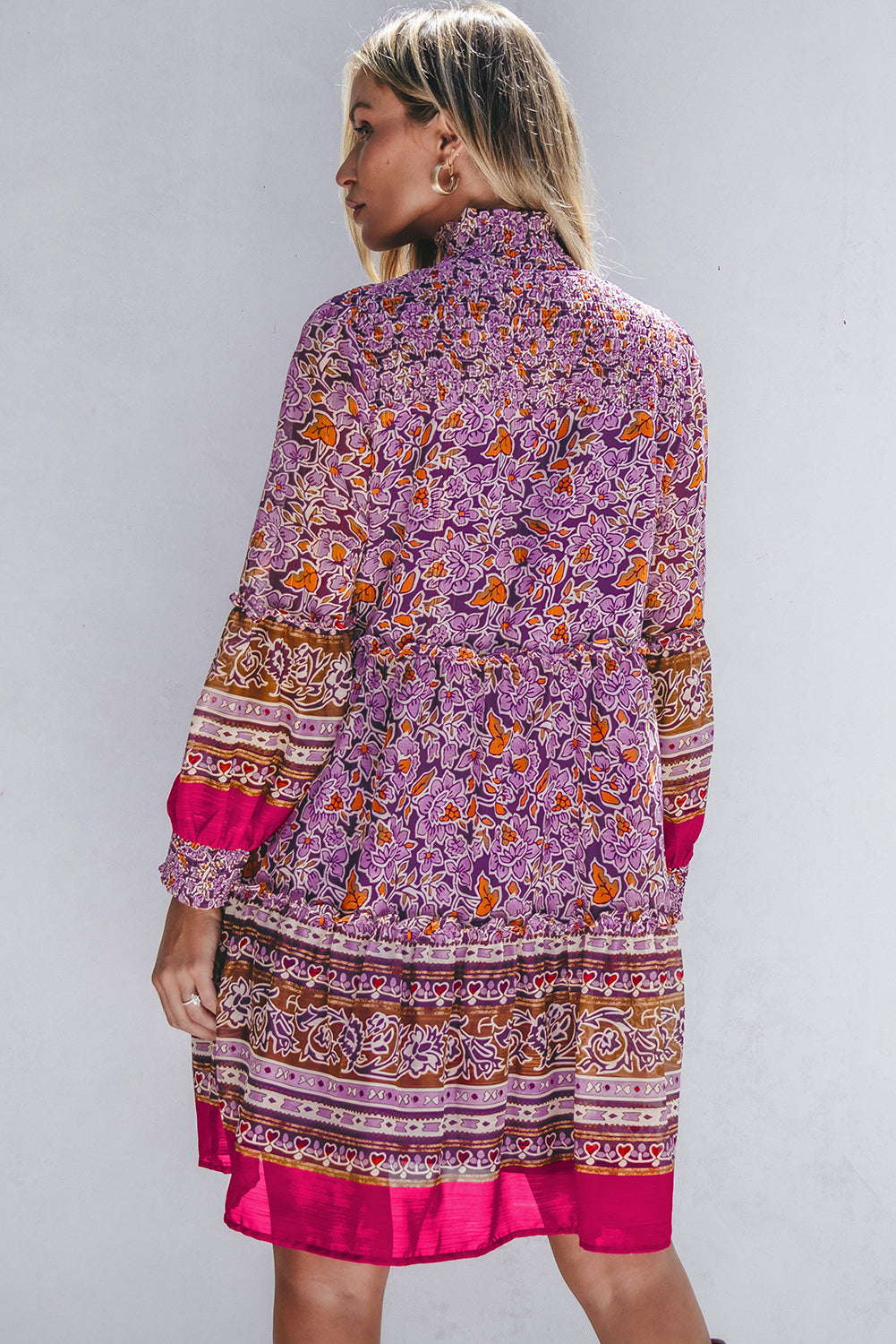 Purple Floral Smocked Puff Sleeve High Neck Mini Dress eAura