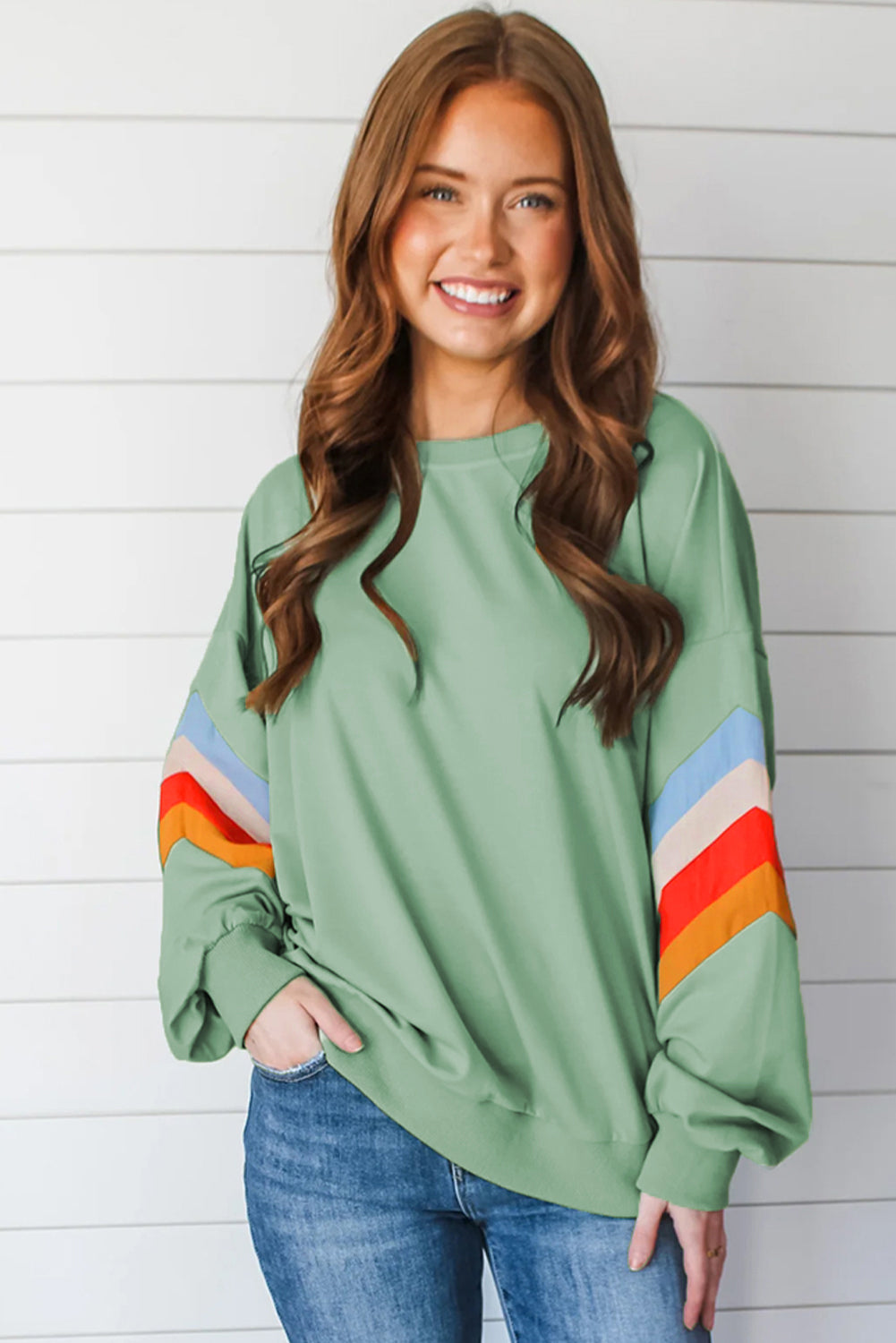 Moonlight Jade Rainbow Striped Sleeve Crew Neck Loose Sweatshirt eAura