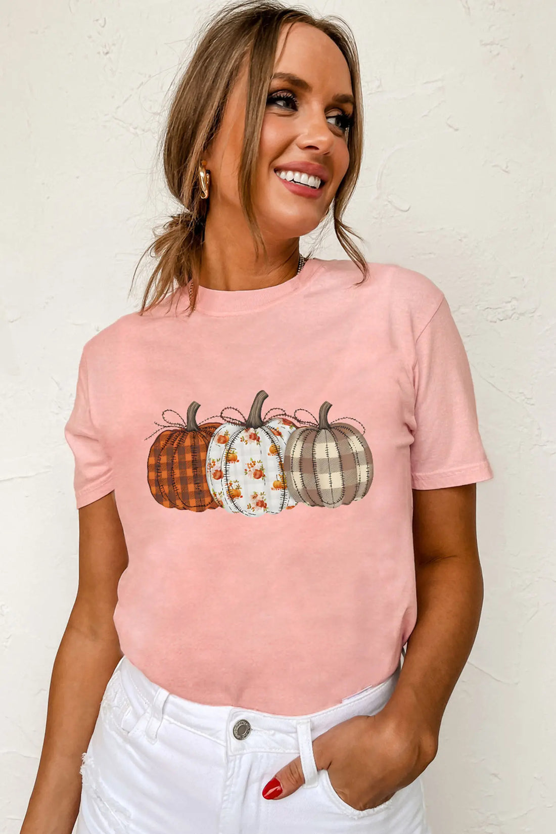 Mix Pattern Pumpkin Print Round Neck T Shirt – Pink