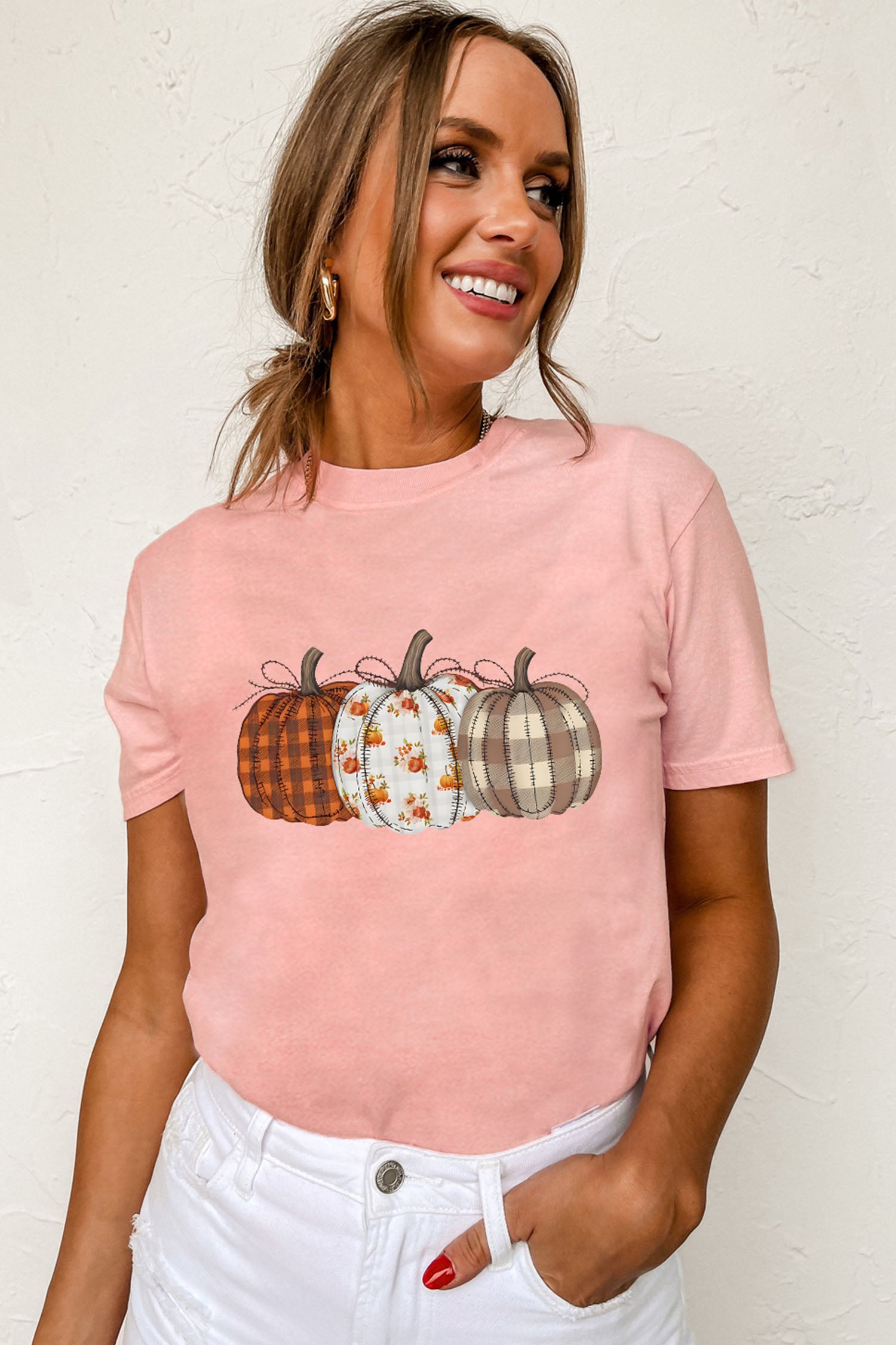 Mix Pattern Pumpkin Print Round Neck T Shirt – Pink