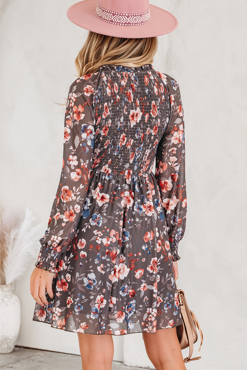 Frilly Smocked Bodice Floral Mesh Long Sleeve Mini Dress - Dresses/Mini Dresses