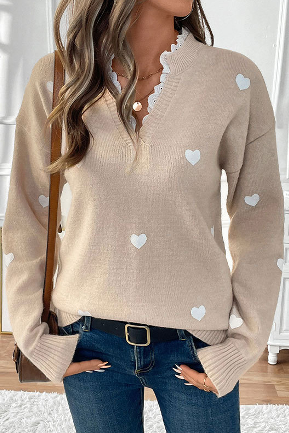 Heart Print Lace Splicing V Neck Valentines Sweater eAura
