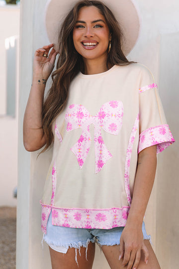 Daisy Floral Bow Contrast Patchwork Loose T Shirt – Apricot