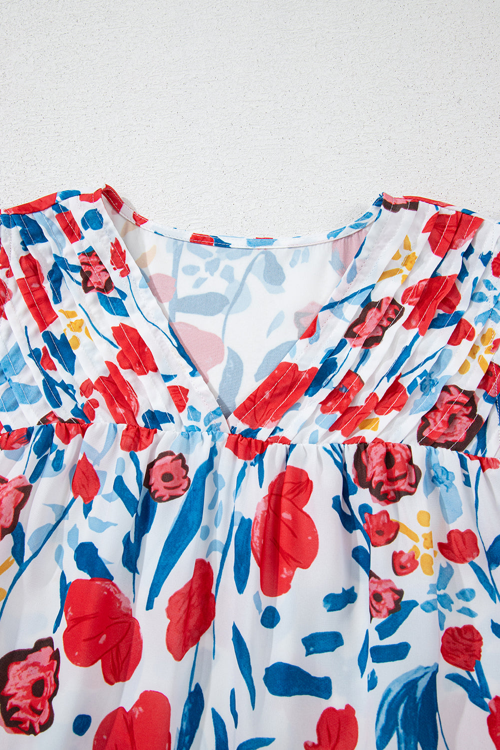 Red Flowers Pintuck Detail V-Neck Ruffled Sleeve Top eAura