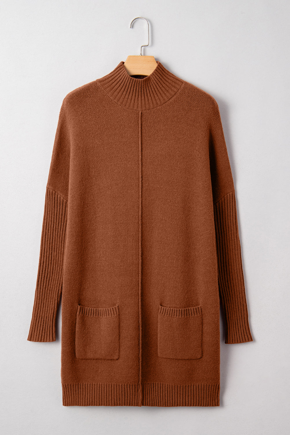 Brown Ribbed High Neck Front Pockets Center Seam Shift Sweater Dress eAura