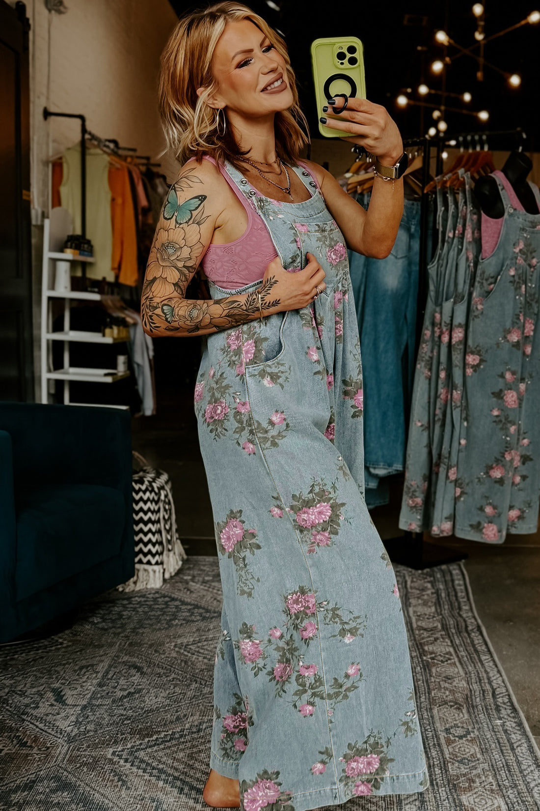Floral Print Wide Leg Denim Dungarees Jumpsuit - Blue / L - Bottoms/Jumpsuits & Rompers