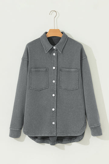 Mineral Wash Chest Pockets Drop Shoulder Shacket with Side Slit - Outerwear/Plaid Shackets