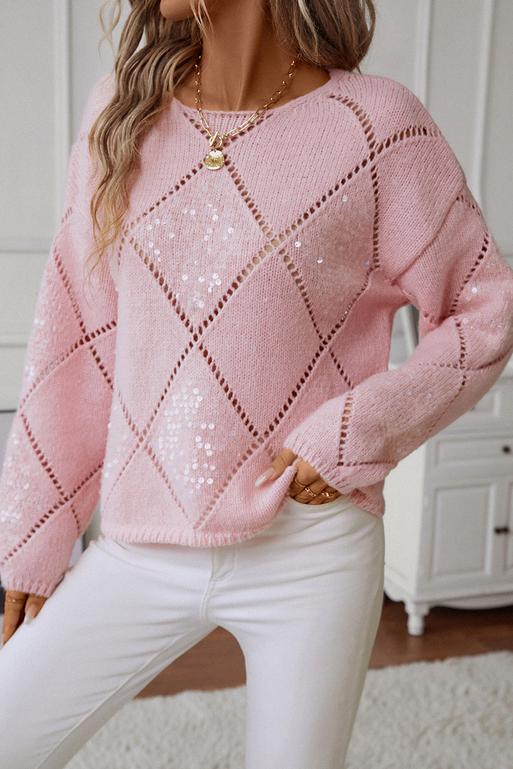 Hollowed Rhombus Pattern Sequin Detail Round Neck Sweater eAura