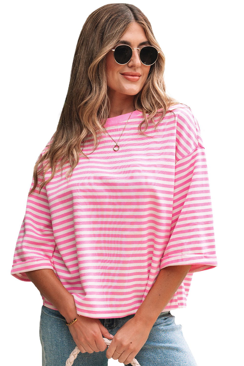 Pink Stripe Bowknot Cutout Back Drop Shoulder Wide Bracelet Sleeve Loose Tee eAura